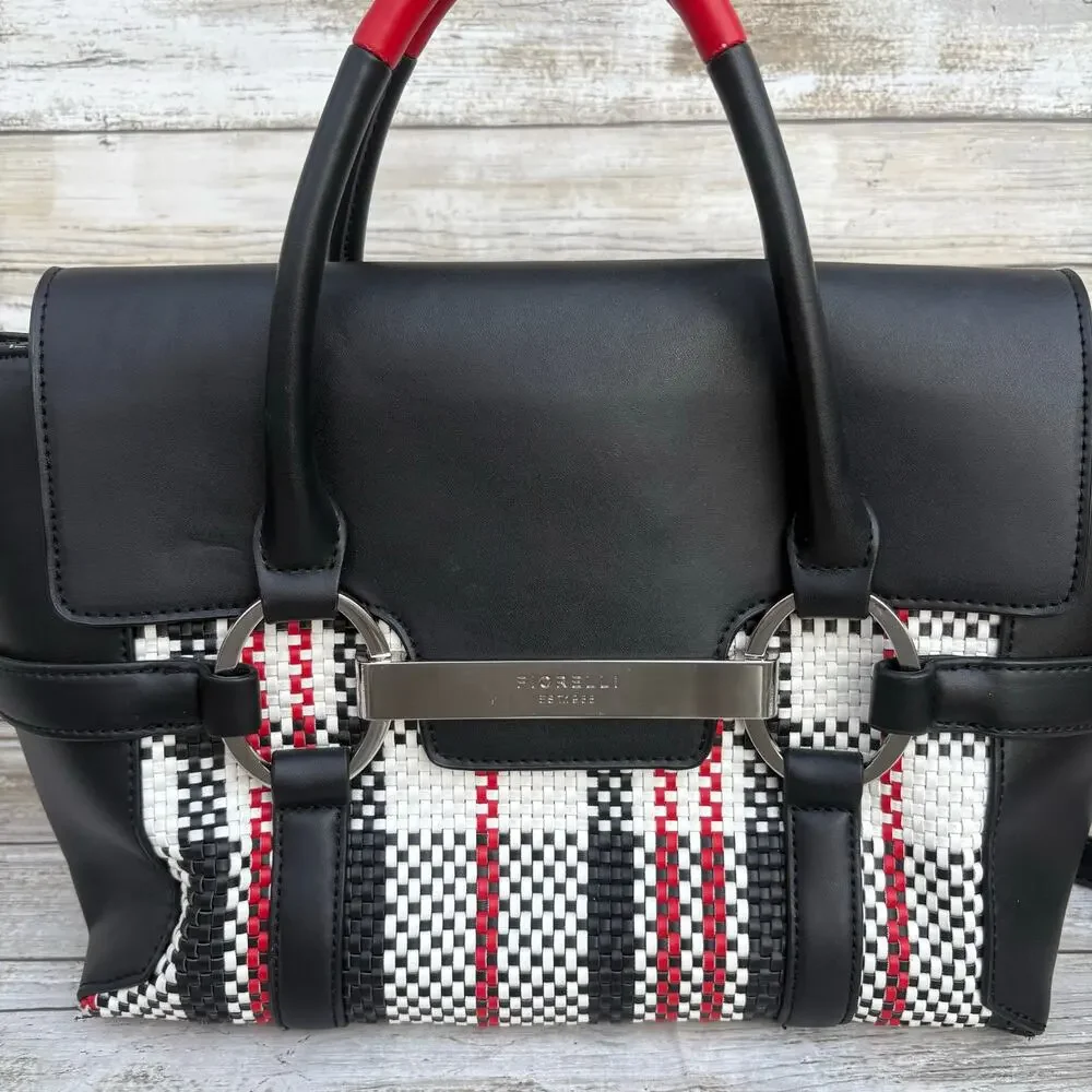 Fiorelli Barbican Flapover Tote Purse Black Faux Leather Plaid Preppy‎ Classic